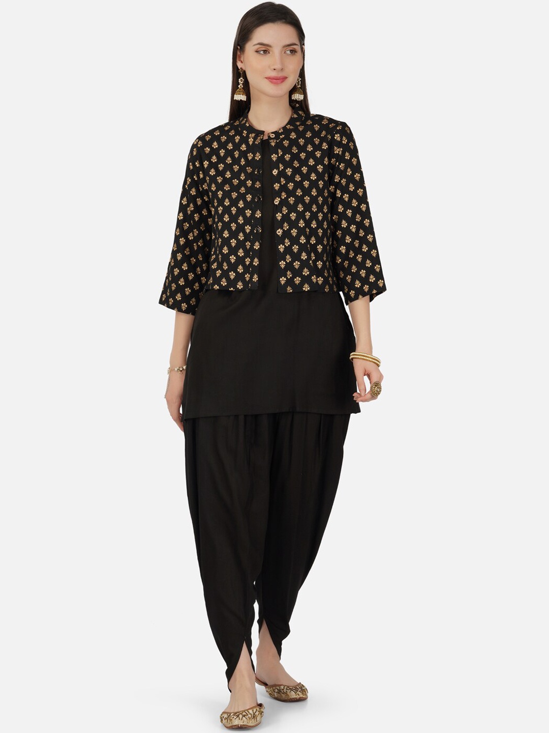 

METRO-FASHION Sleeveless A-Line Kurta With Dhoti Pants & Printed Jacket, Black