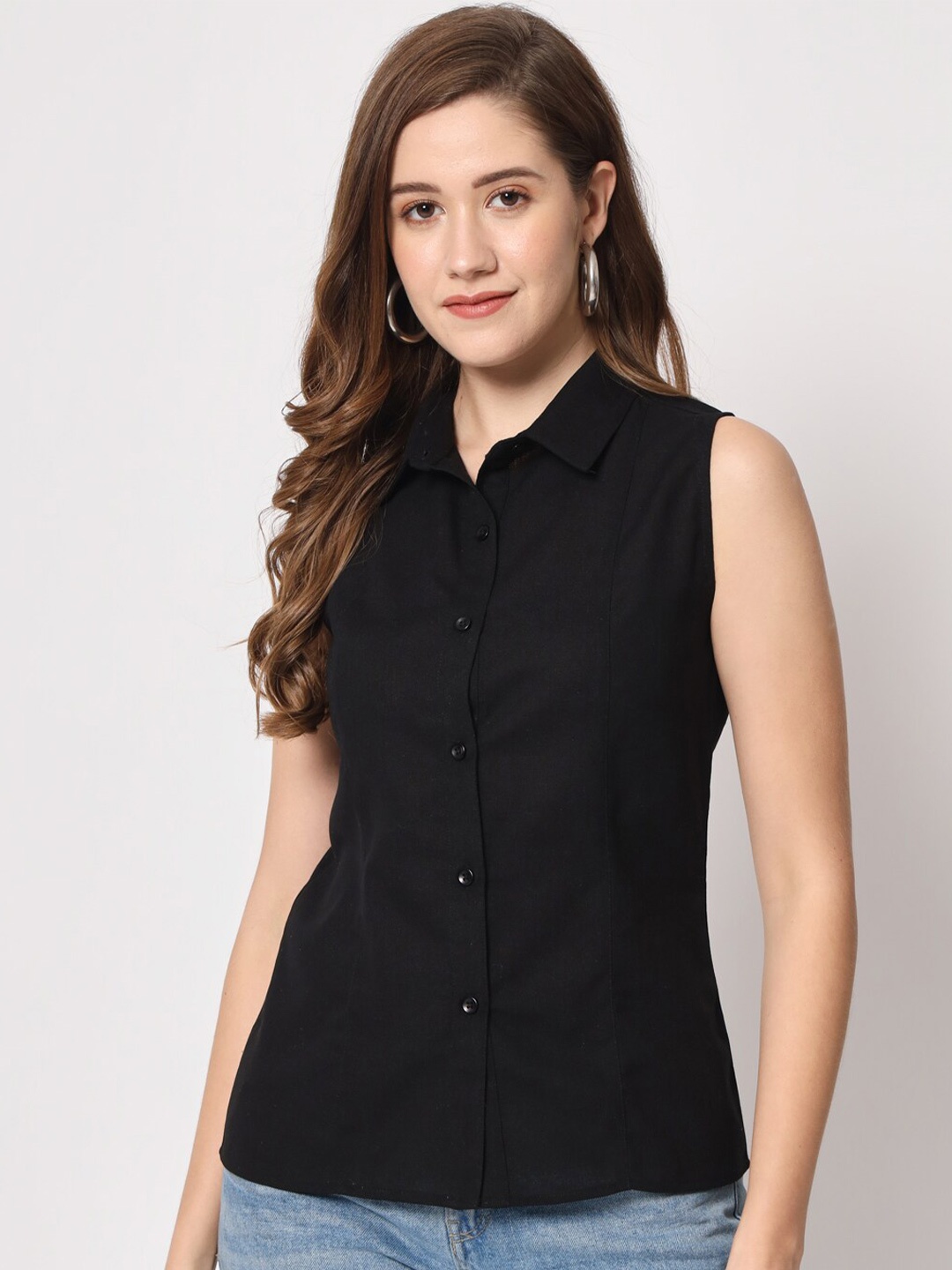 

CHARMGAL Sleeveless Classic Linen Casual Shirt, Black