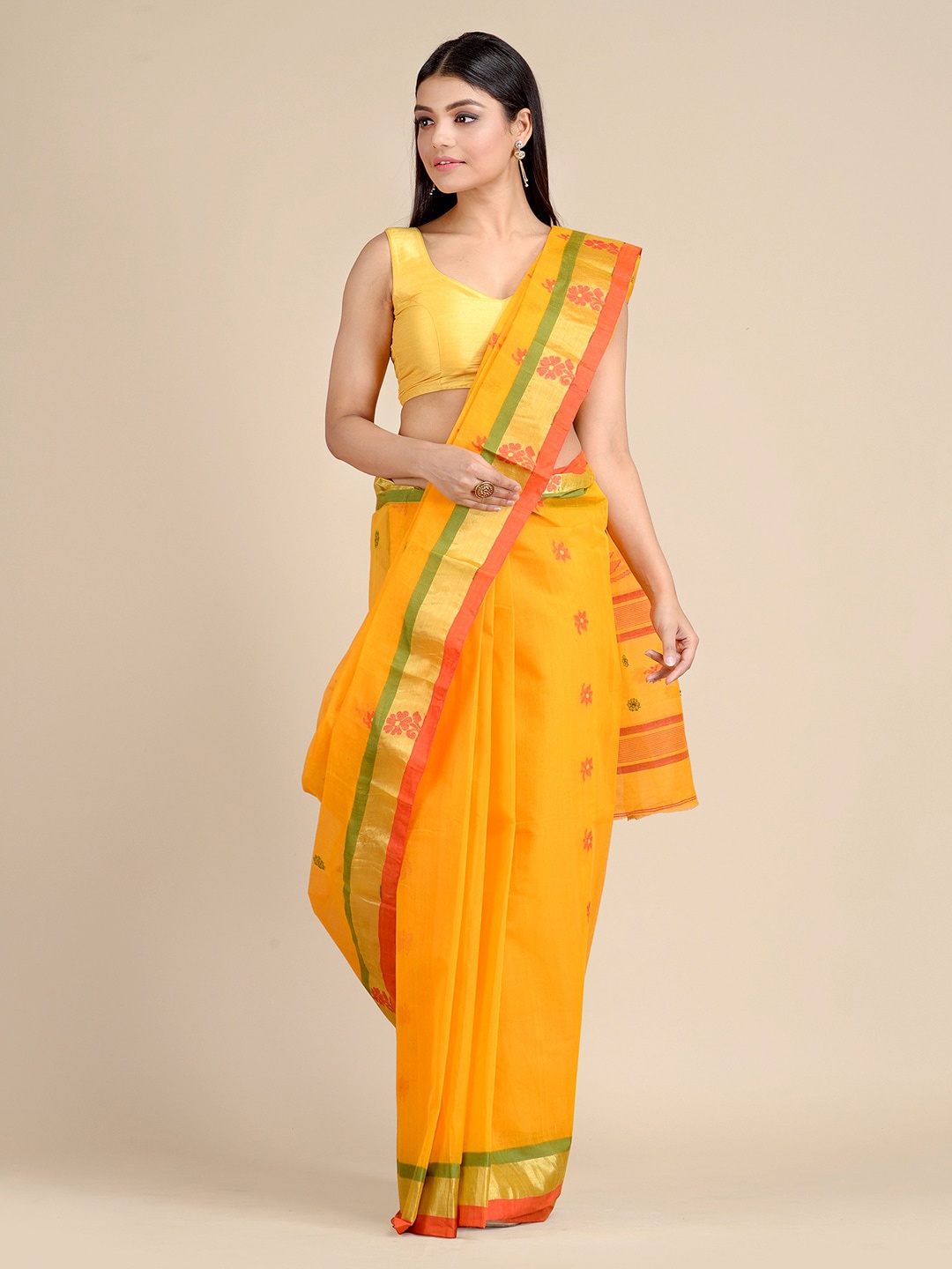 

SAJASAJO Floral Woven Design Zari Pure Cotton Saree, Yellow
