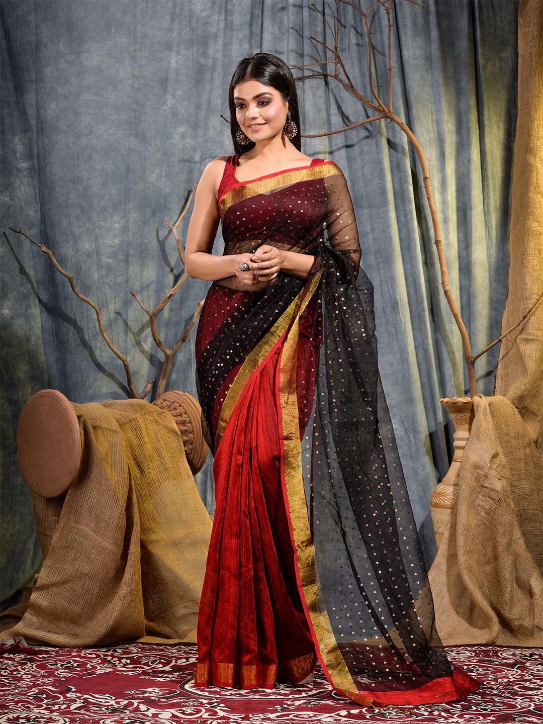 

SAJASAJO Sequin Embellished Zari Half and Half Pure Silk Saree, Red