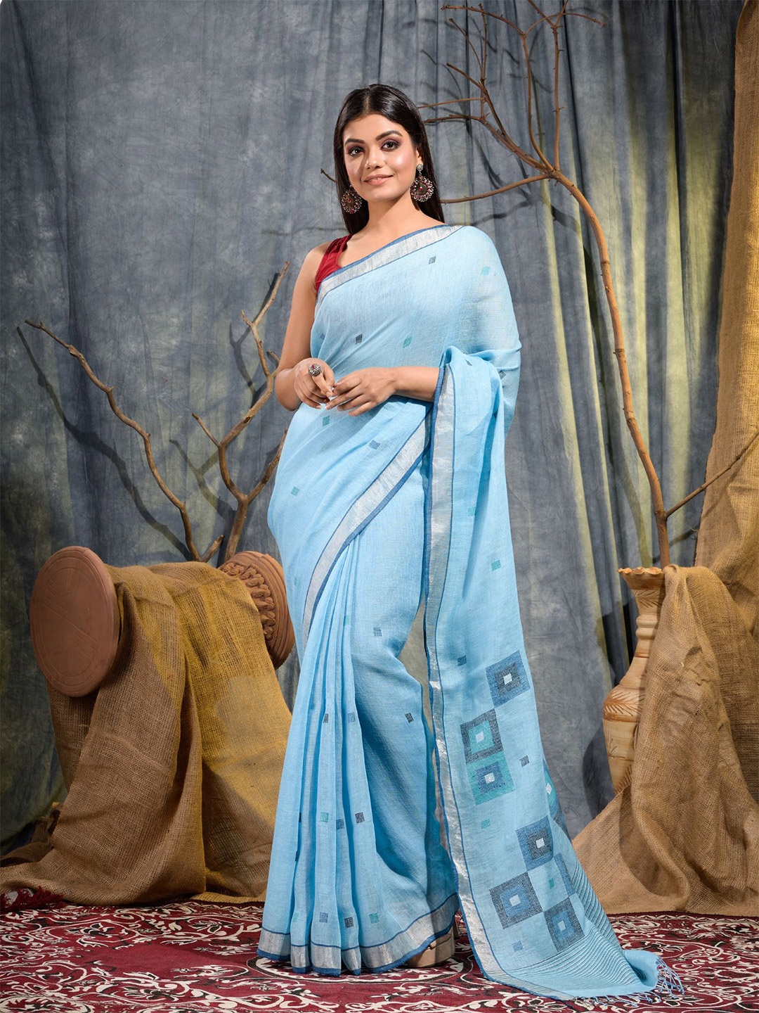 

SAJASAJO Woven Design Zari Pure Linen Saree, Blue