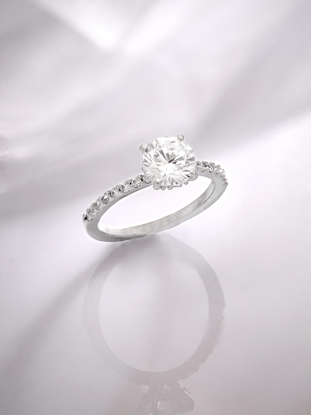 

Rubans Rhodium-Plated CZ-Studded Finger Ring, Silver