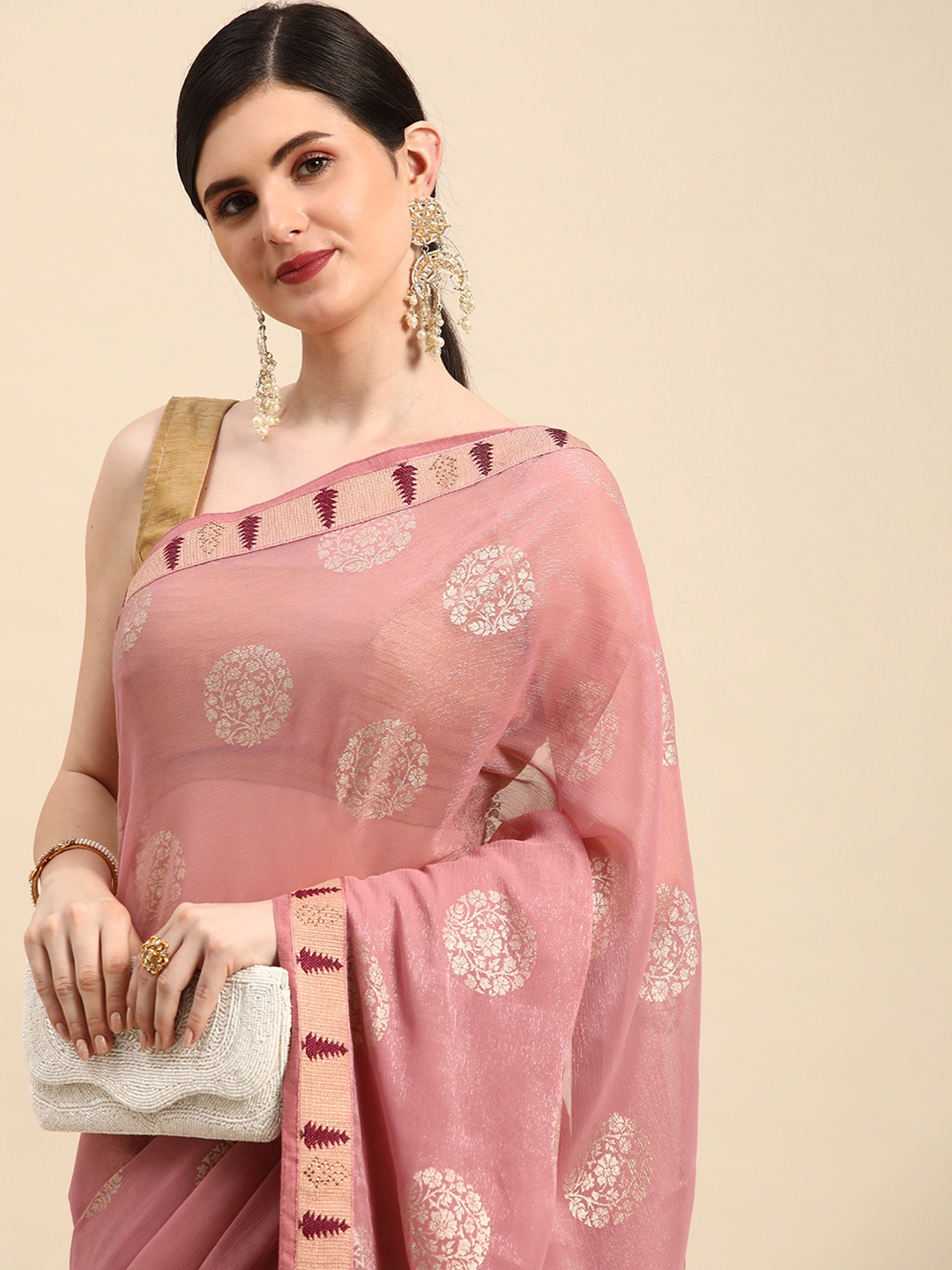 

Indian Women Pink & Beige Ethnic Motifs Gotta Patti Brasso Designer Saree