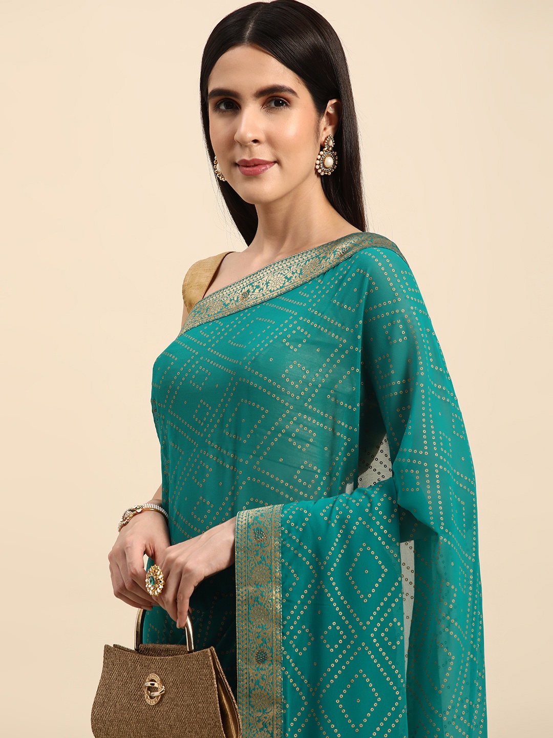 

Indian Women Bandhani Print Gotta Patti Pure Georgette Designer Saree, Turquoise blue