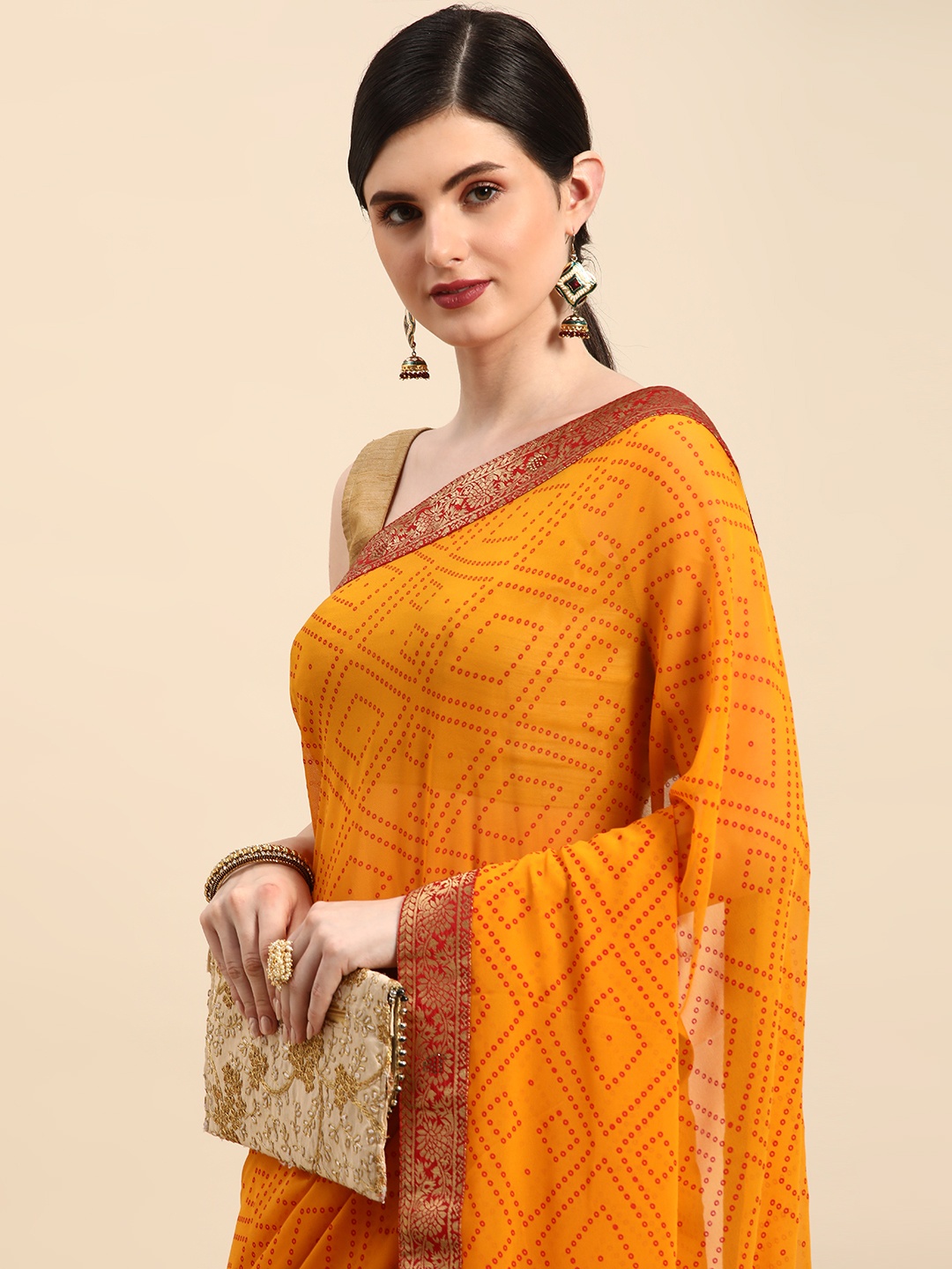 

Indian Women Bandhani Printed Gotta Patti Border Pure Georgette Designer Saree, Yellow