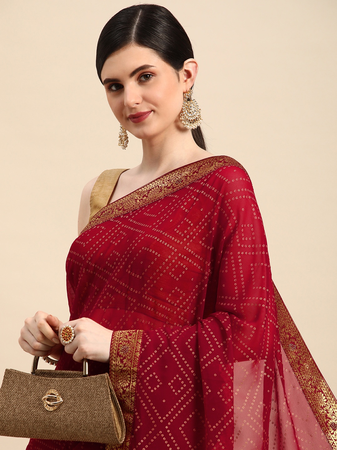 

Indian Women Bandhani Print Gotta Patti Border Pure Georgette Designer Saree, Maroon