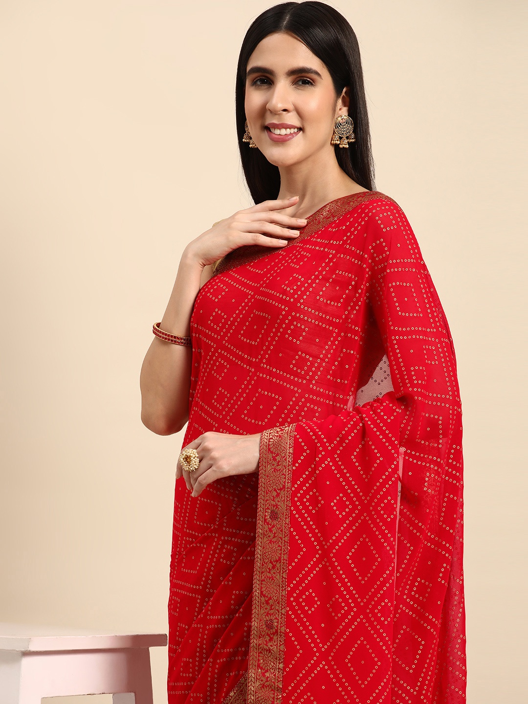 

Indian Women Bandhani Print Gotta Patti Pure Georgette Designer Saree, Red