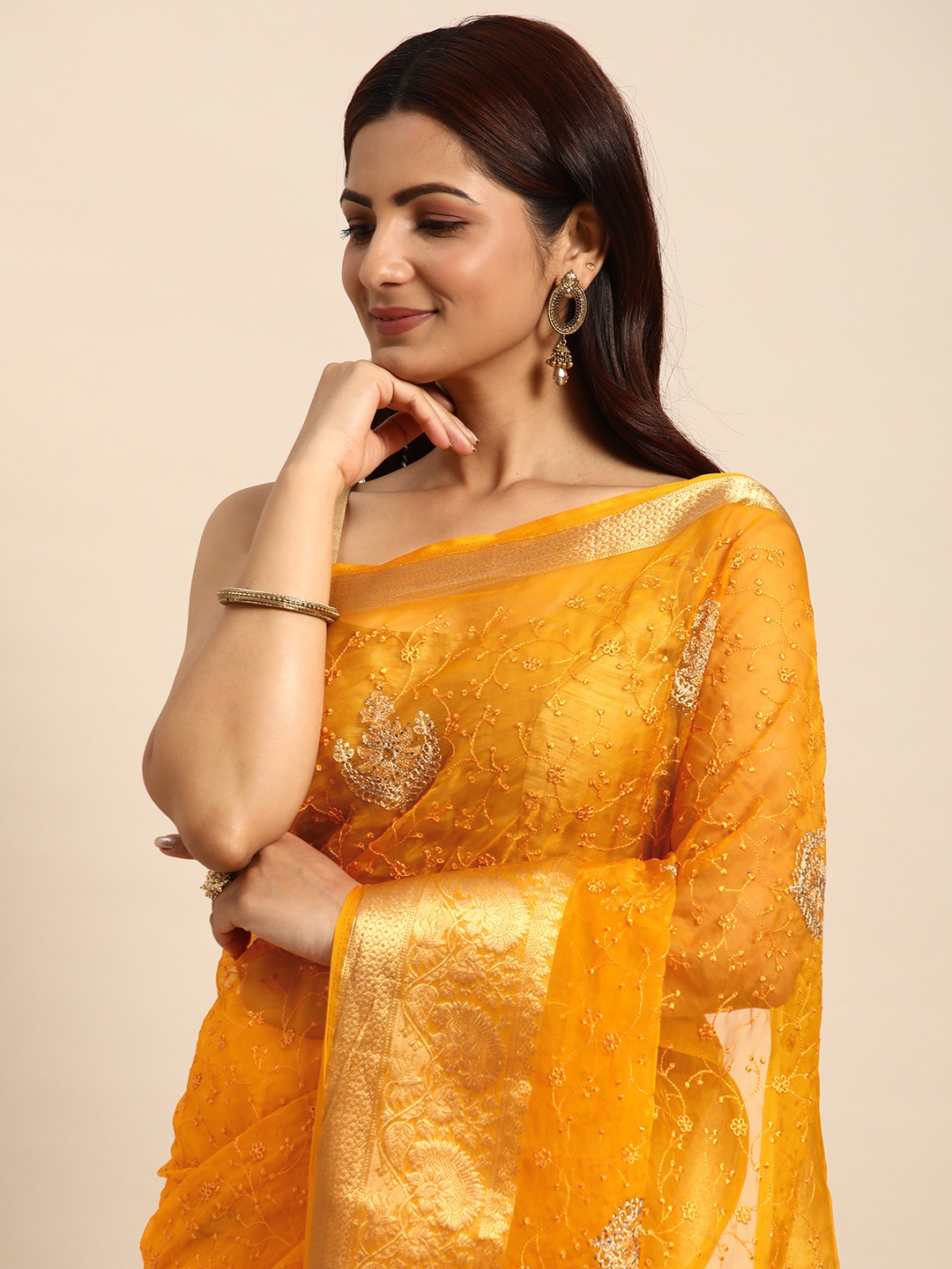 

Indian Women Floral Embroidered Stones-Studded Organza Saree, Yellow