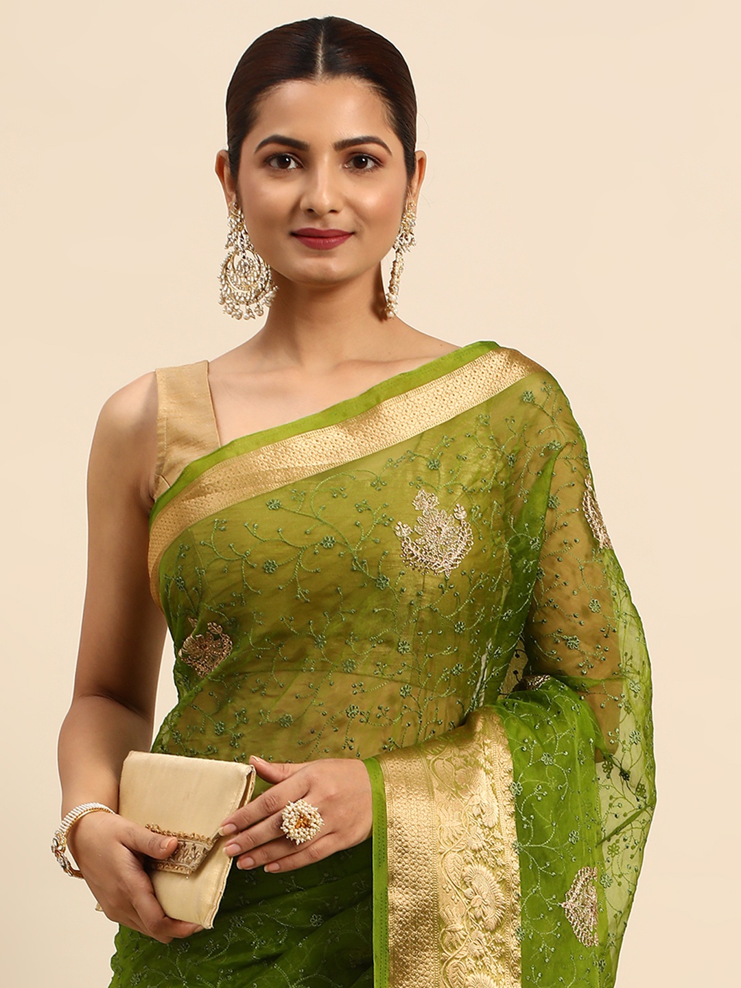 

Indian Women Green & Gold-Toned Floral Embroidered Organza Designer Saree