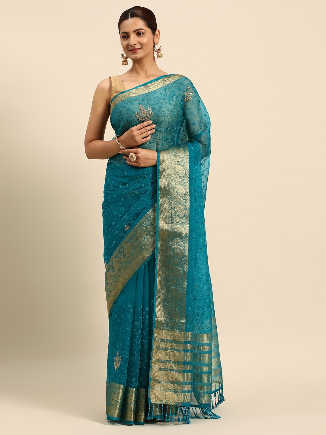 

Indian Women Turquoise Blue & Gold-Toned Floral Embroidered Organza Designer Saree
