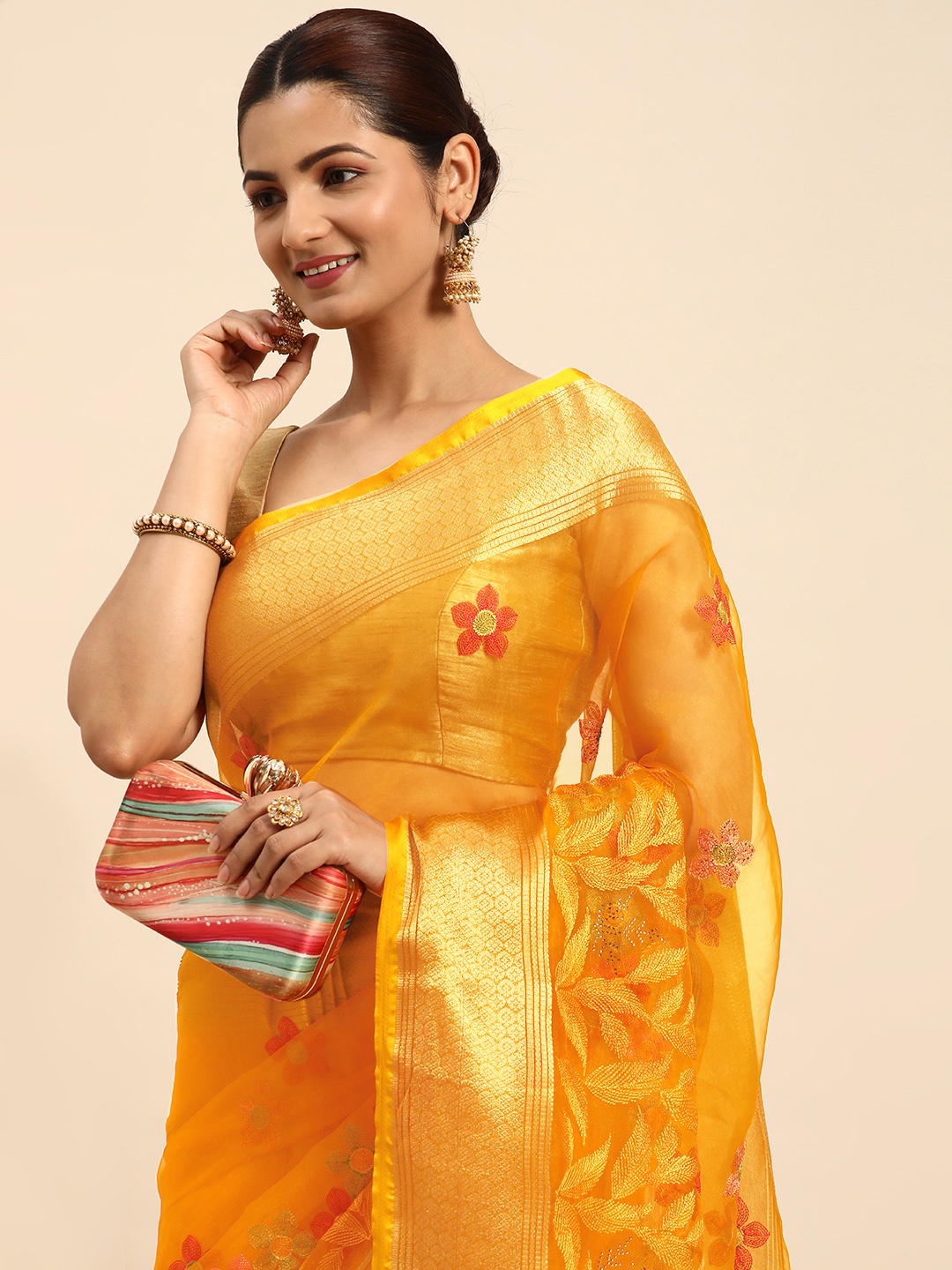 

Indian Women Yellow & Gold-Toned Floral Embroidered Organza Designer Saree