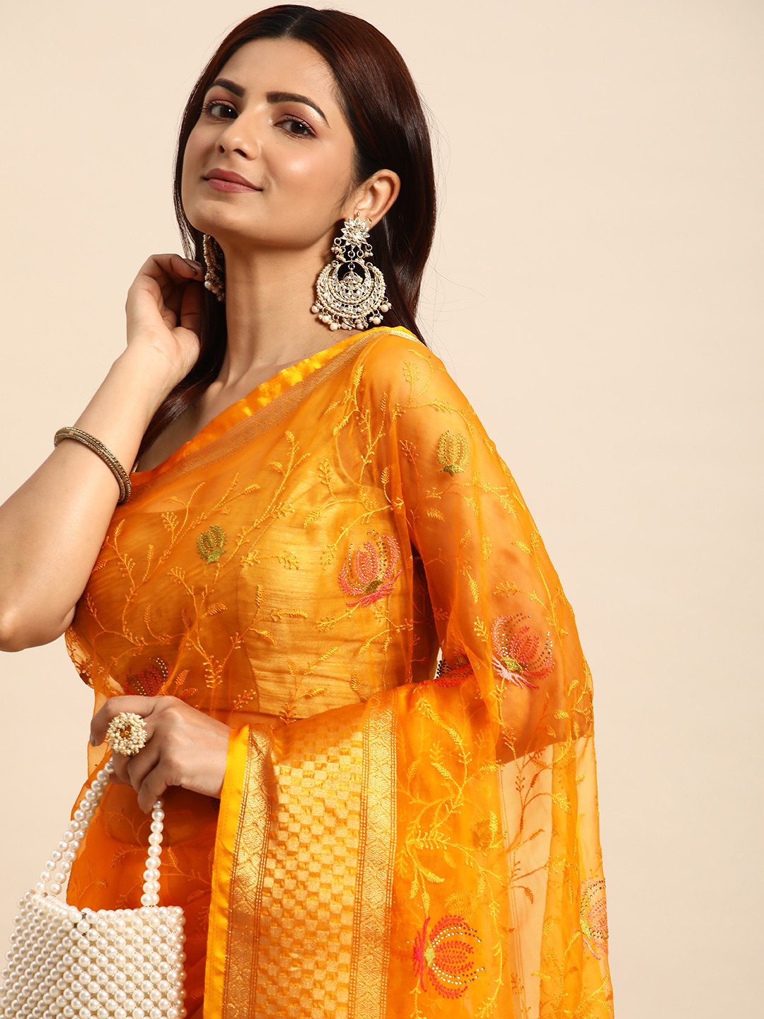

Indian Women Floral Embroidered Stones-Studded Organza Saree, Yellow