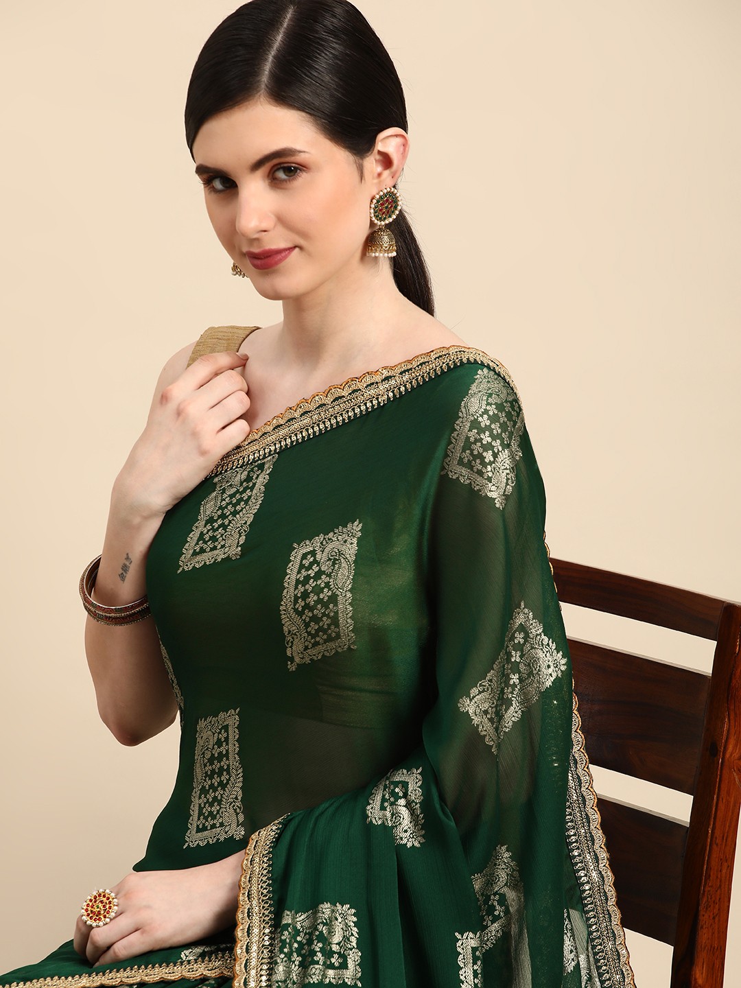 

Indian Women Ethnic Motifs Embroidered Silk Blend Designer Saree, Green