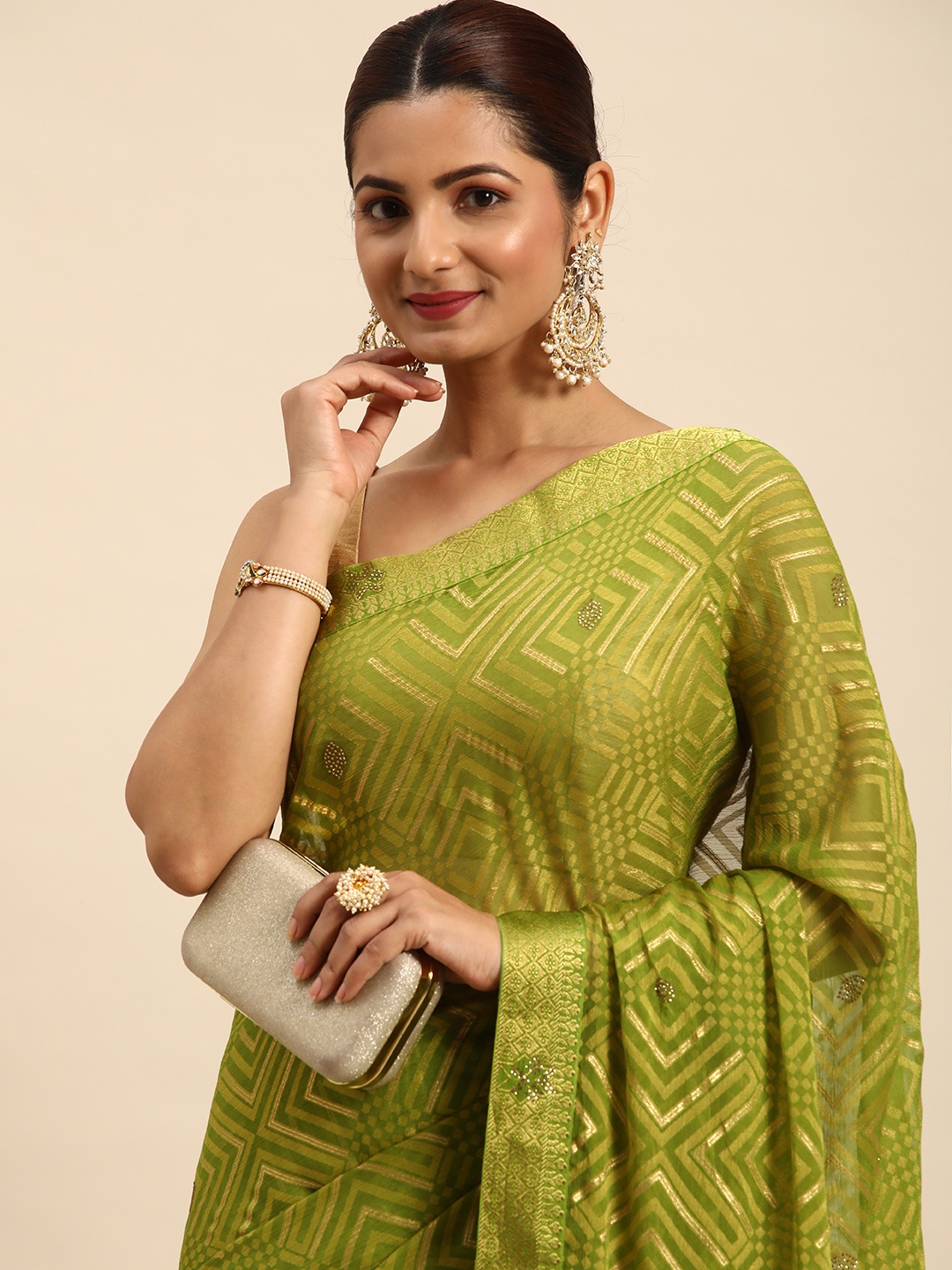 

Indian Women Ethnic Motifs Beads and Stones Brasso Designer Saree, Green