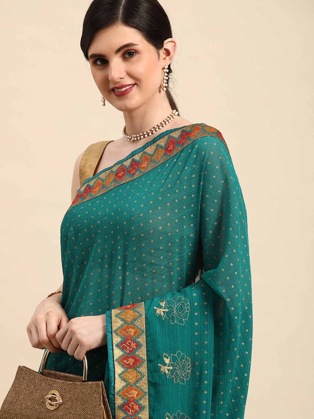 

Indian Women Silk Border with Swarovski & foil work Designer Saree, Green