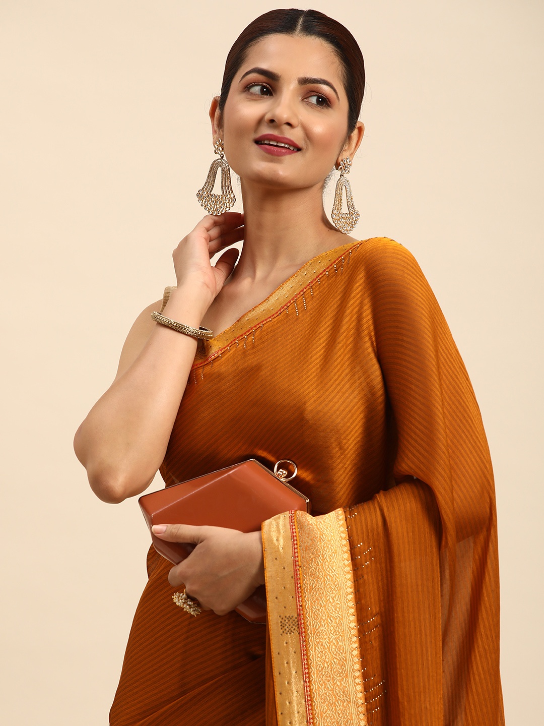 

Indian Women Striped Beads and Stones Satin Designer Saree, Mustard