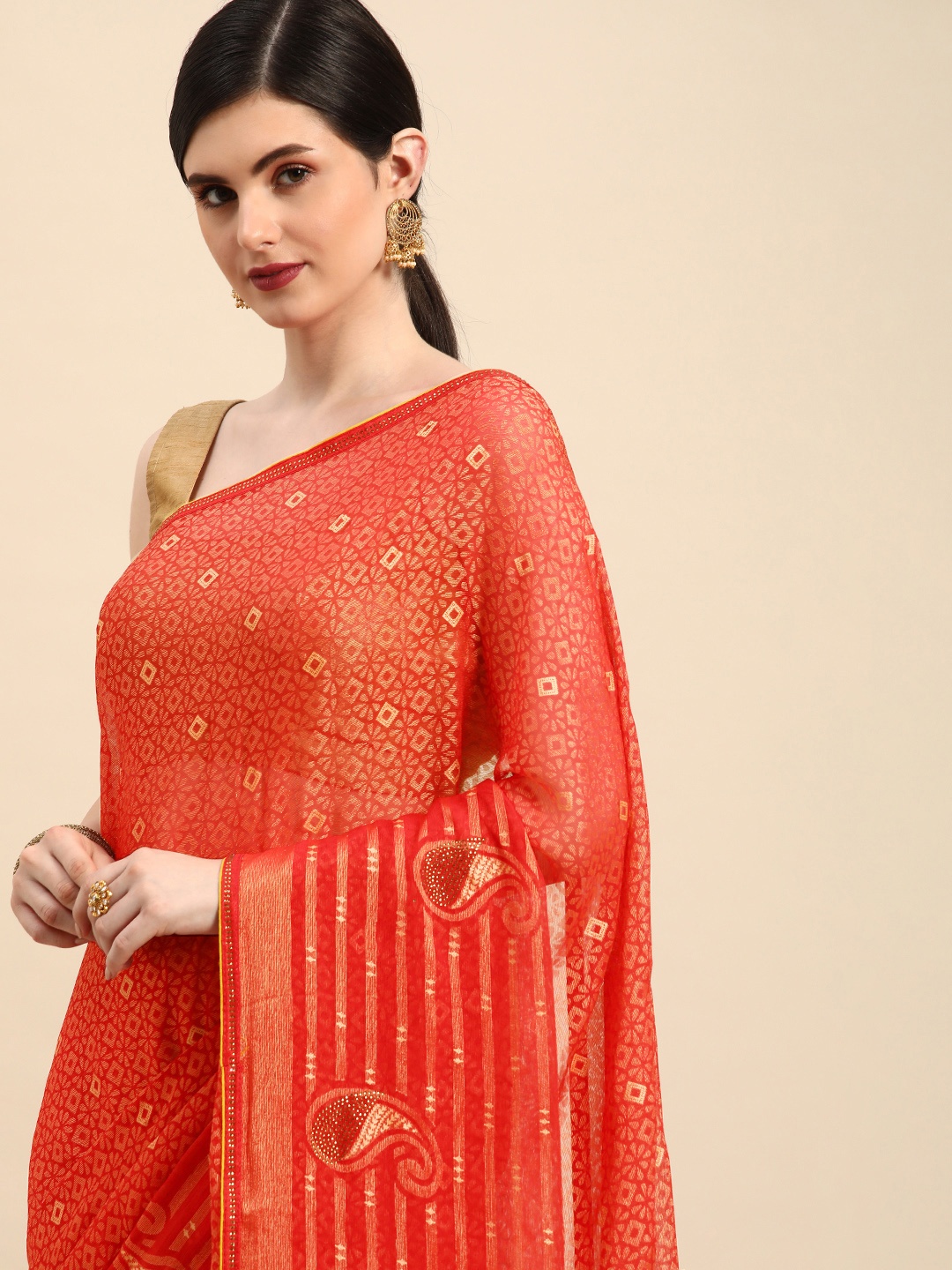 

Indian Women Printed Brasso Designer Saree, Red