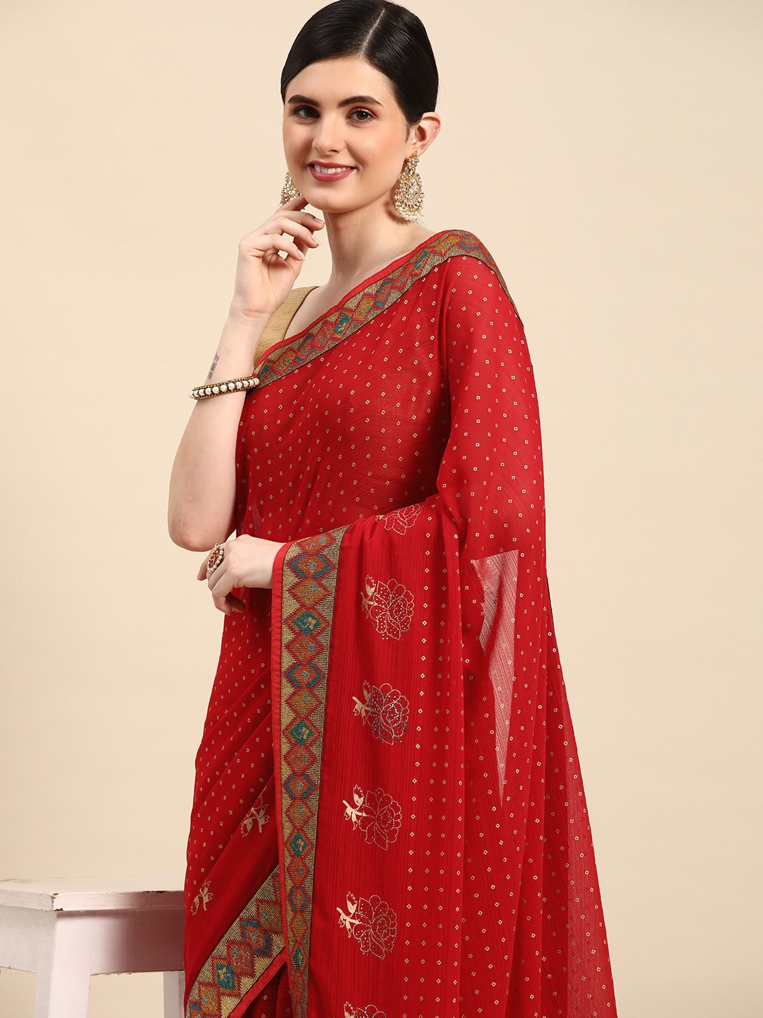 

Indian Women Bandhani Gotta Patti Border Silk Blend Designer Saree, Red