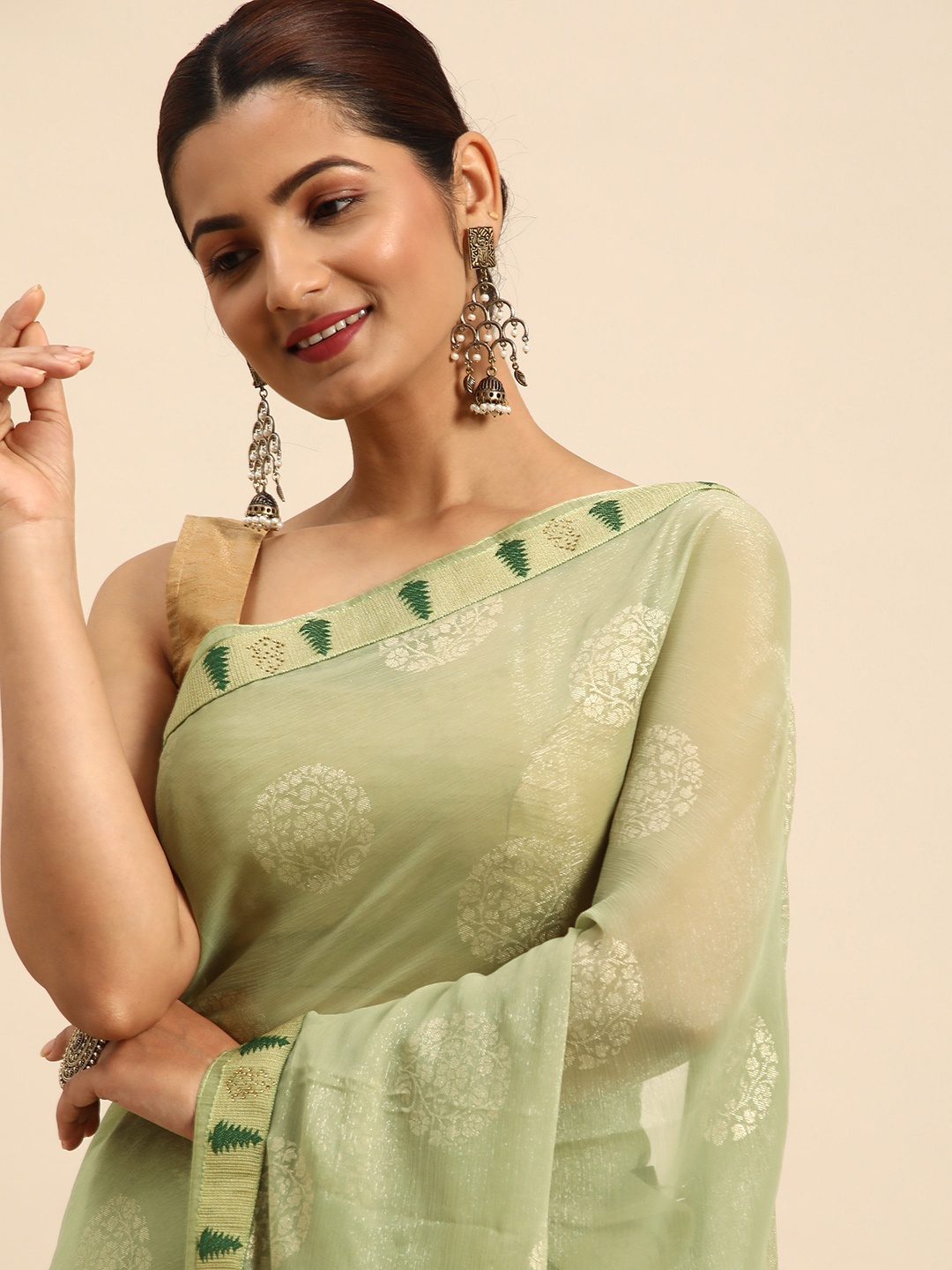 

Indian Women Sea Green & Gold-Toned Woven Design Beads and Stones Silk Blend Designer Saree