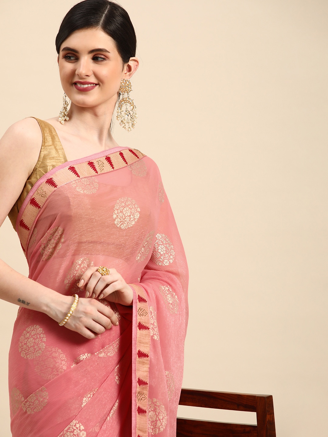 

Indian Women Ethnic Motifs Print Gotta Patti Border Brasso Designer Saree, Pink