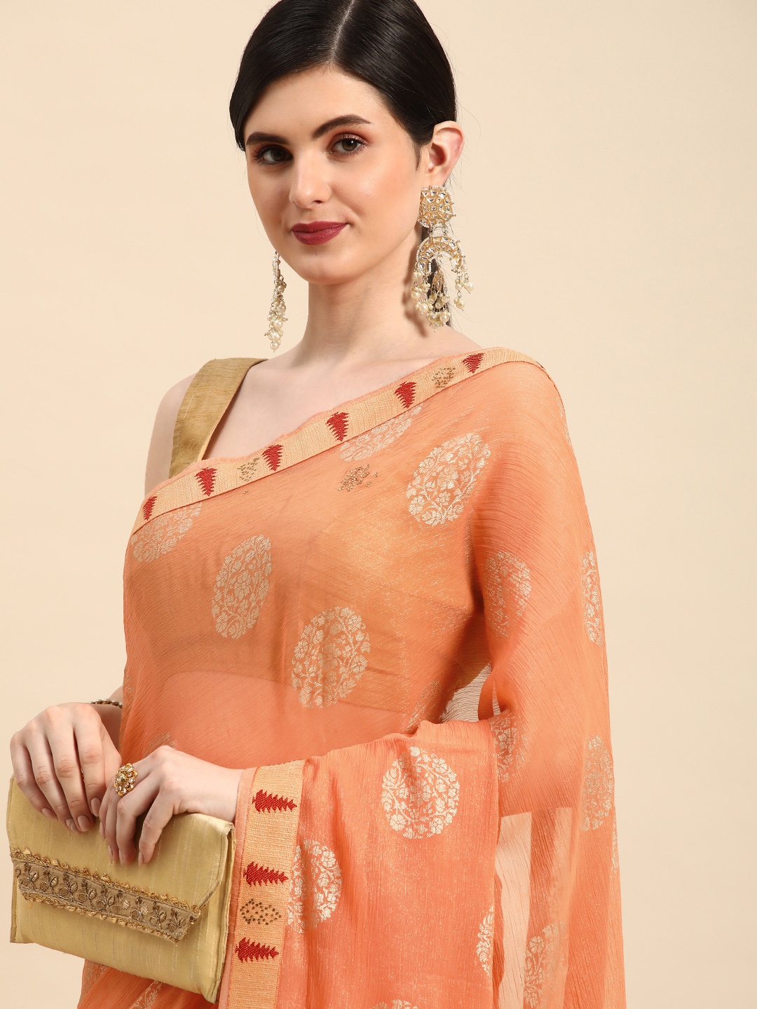 

Indian Women Ethnic Motifs Print Gotta Patti Border Brasso Designer Saree, Orange