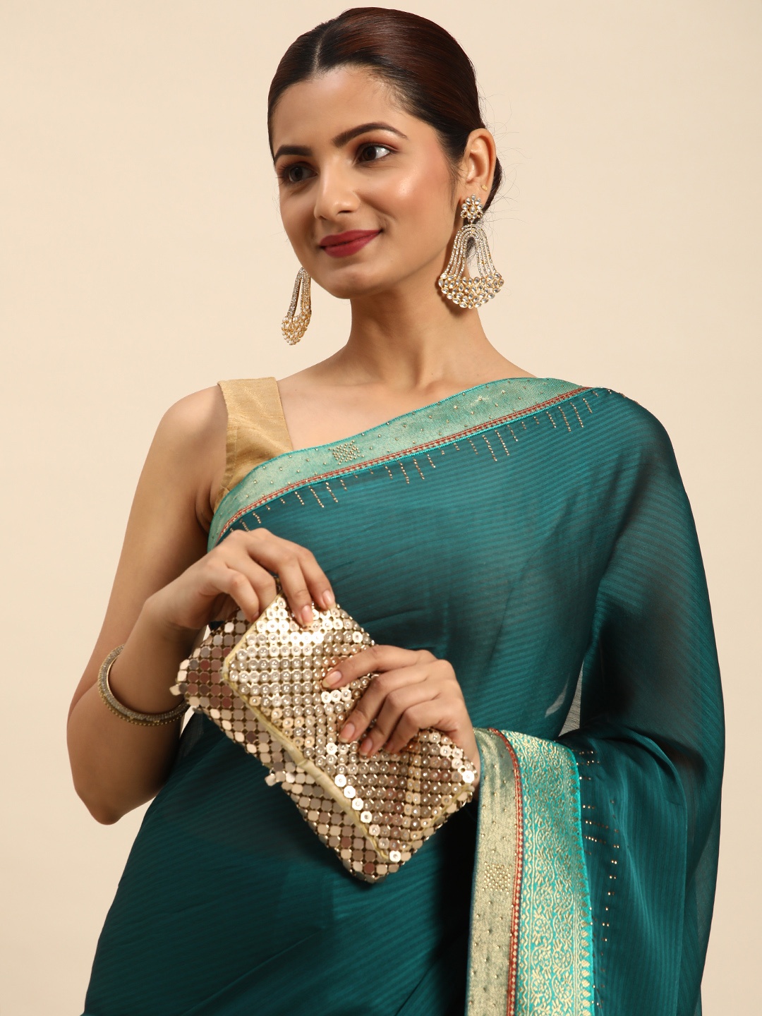 

Indian Women Green Beads and Stones Satin Designer Saree