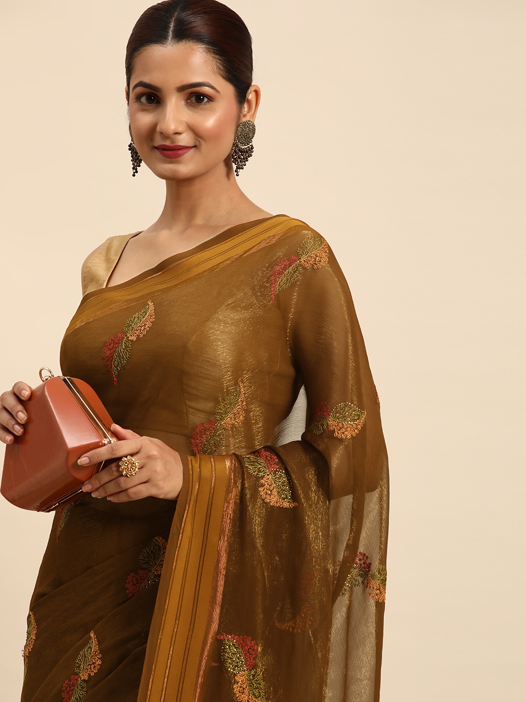 

Indian Women Ethnic Motifs Gotta Patti Silk Blend Designer Saree, Brown