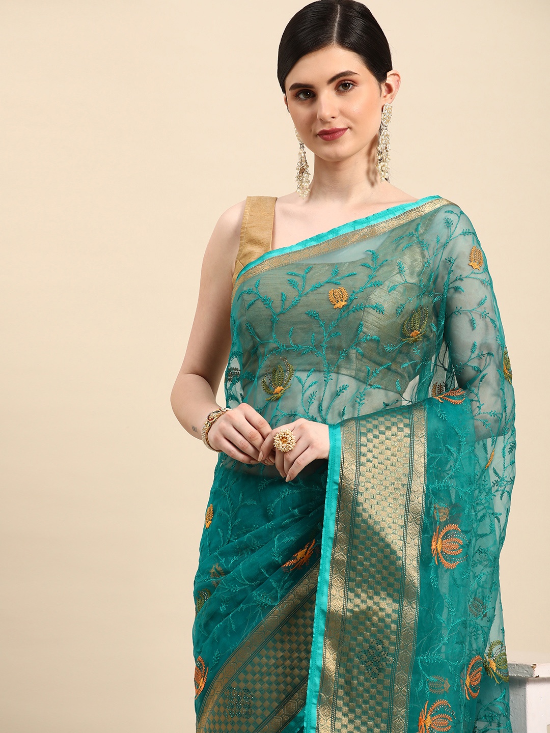 

Indian Women Ethnic Motifs Embroidered Gotta Patti Organza Designer Saree, Blue