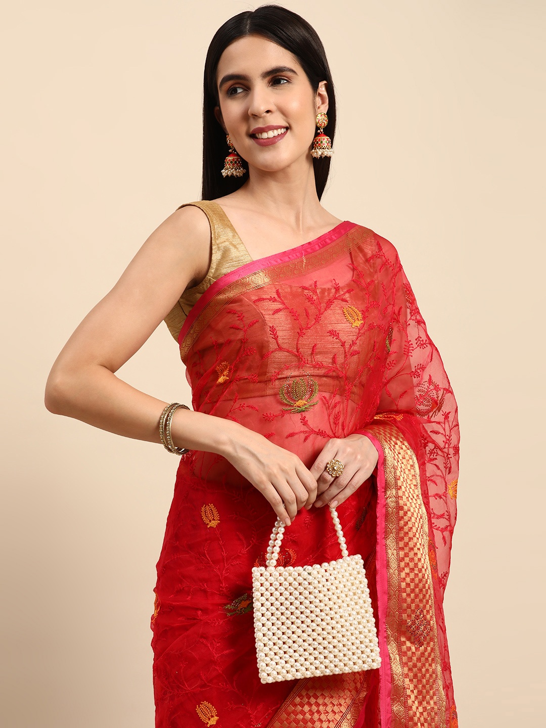 

Indian Women Ethnic Motifs Embroidered Organza Designer Saree, Pink