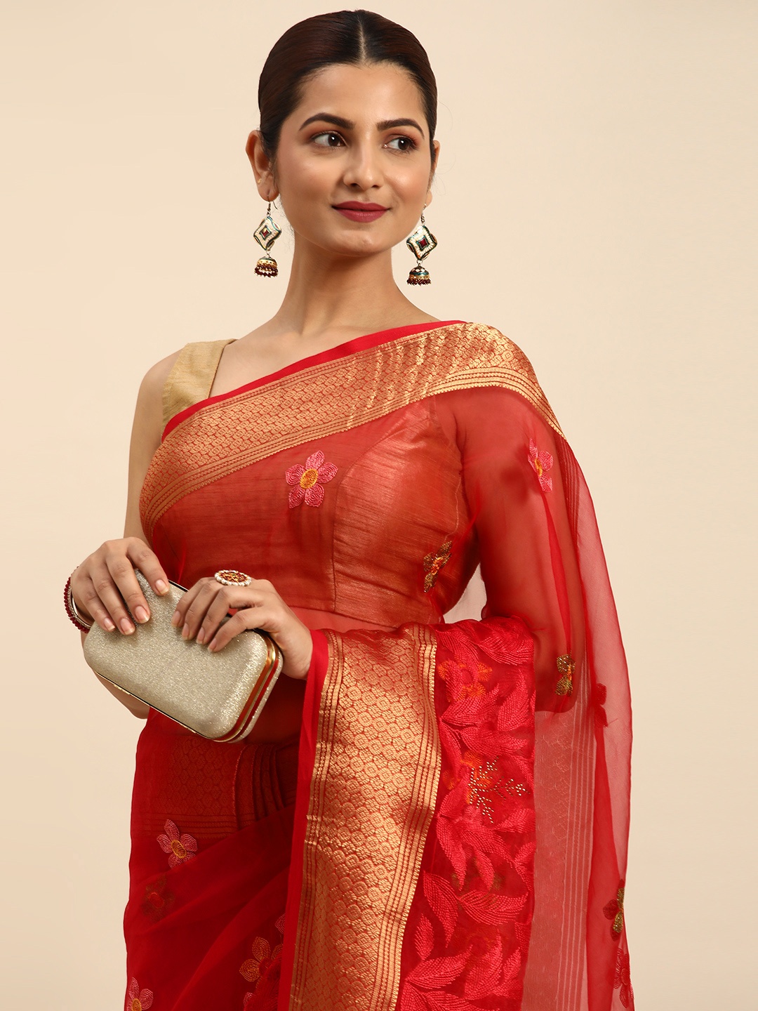 

Indian Women Red & Gold-Toned Floral Embroidered Organza Designer Saree