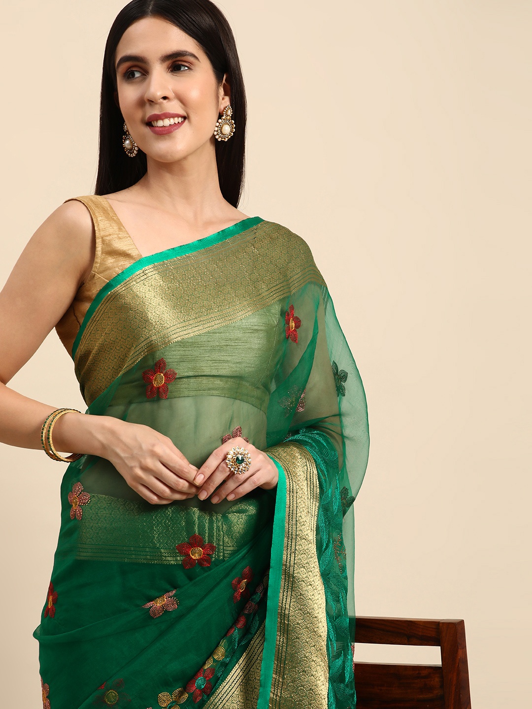 

Indian Women Ethnic Motifs Embroidered Organza Designer Saree, Green