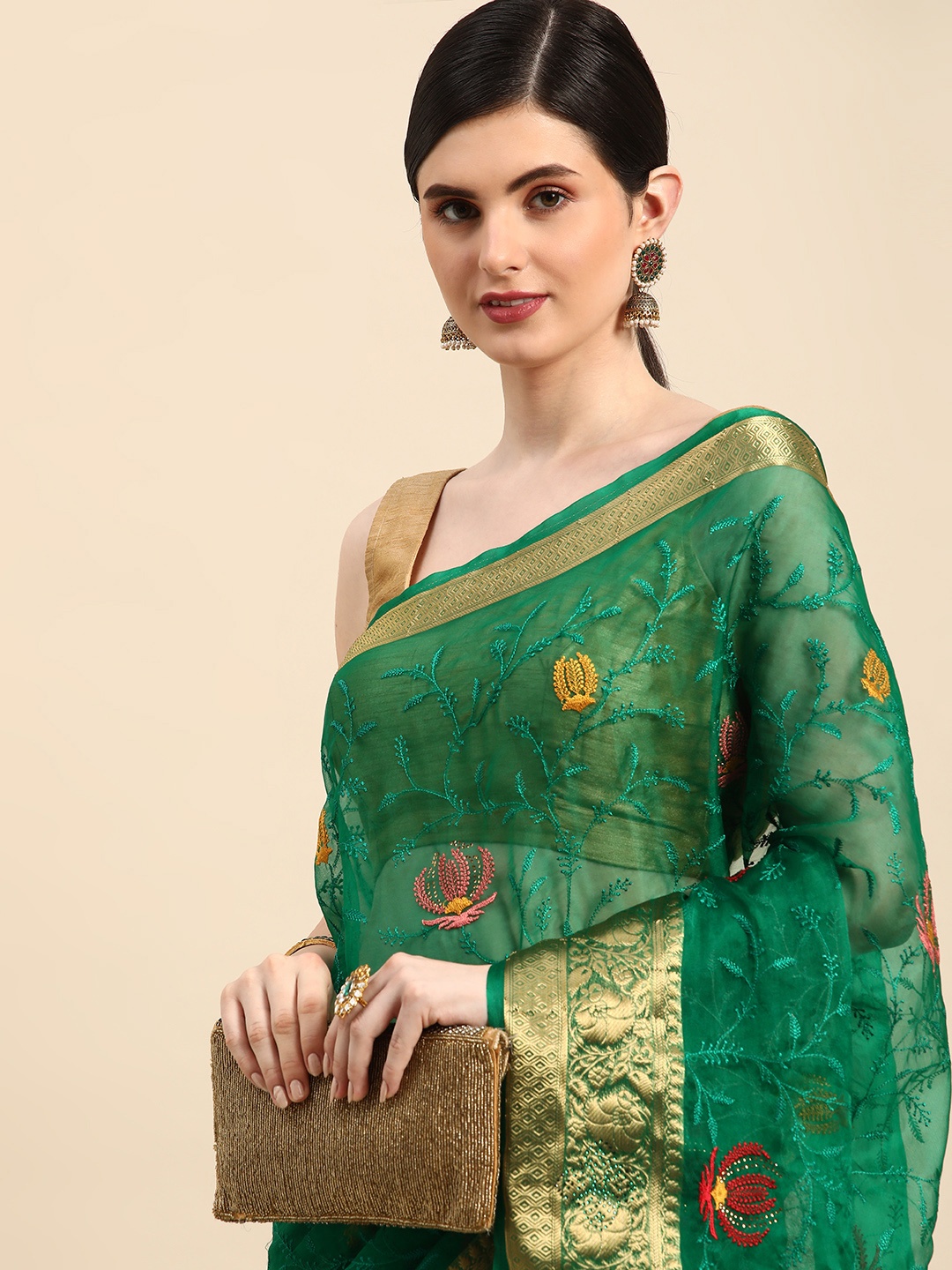 

Indian Women Embroidered Organza Designer Saree, Green