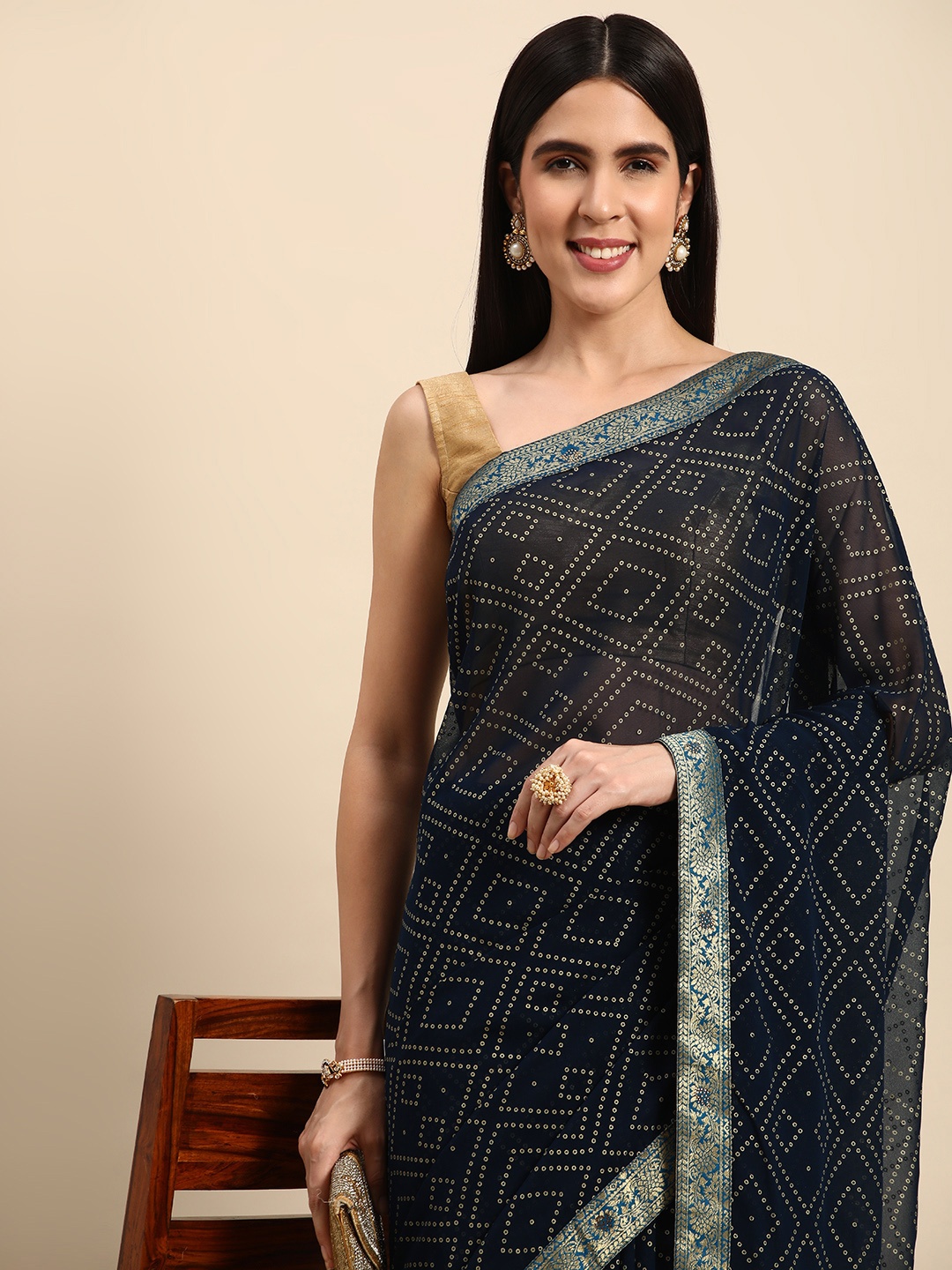 

Indian Women Bandhani Print Gotta Patti Detail Pure Georgette Designer Saree, Black
