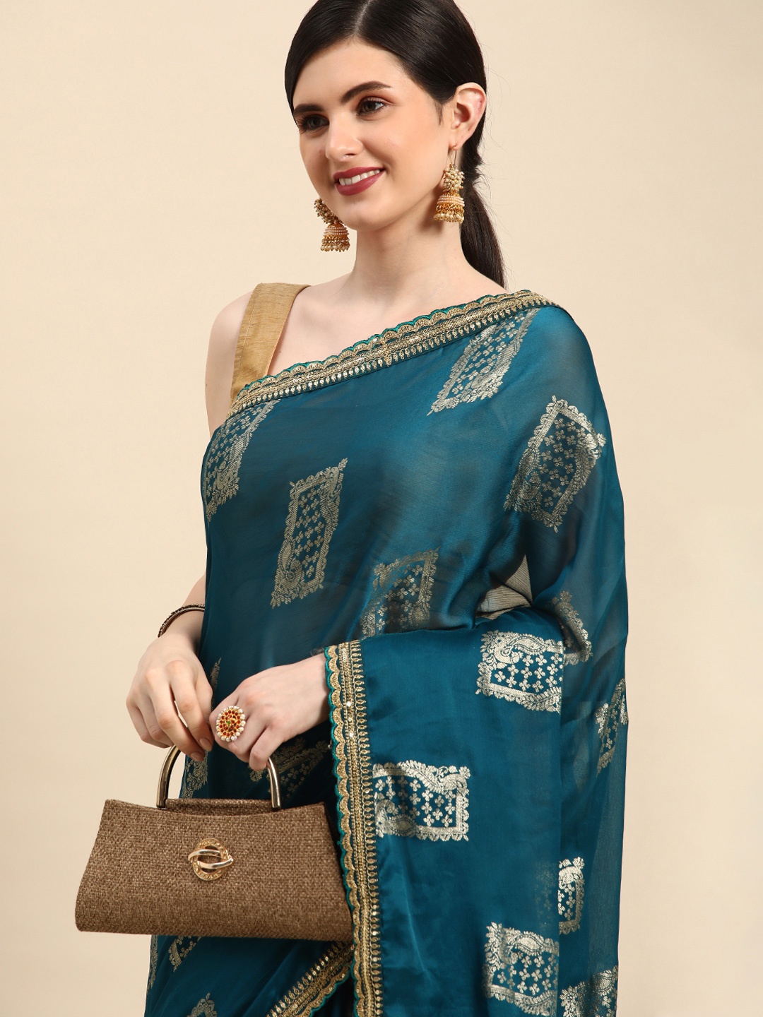 

Indian Women Ethnic Motifs Print Gotta Patti Border Organza Designer Saree, Blue