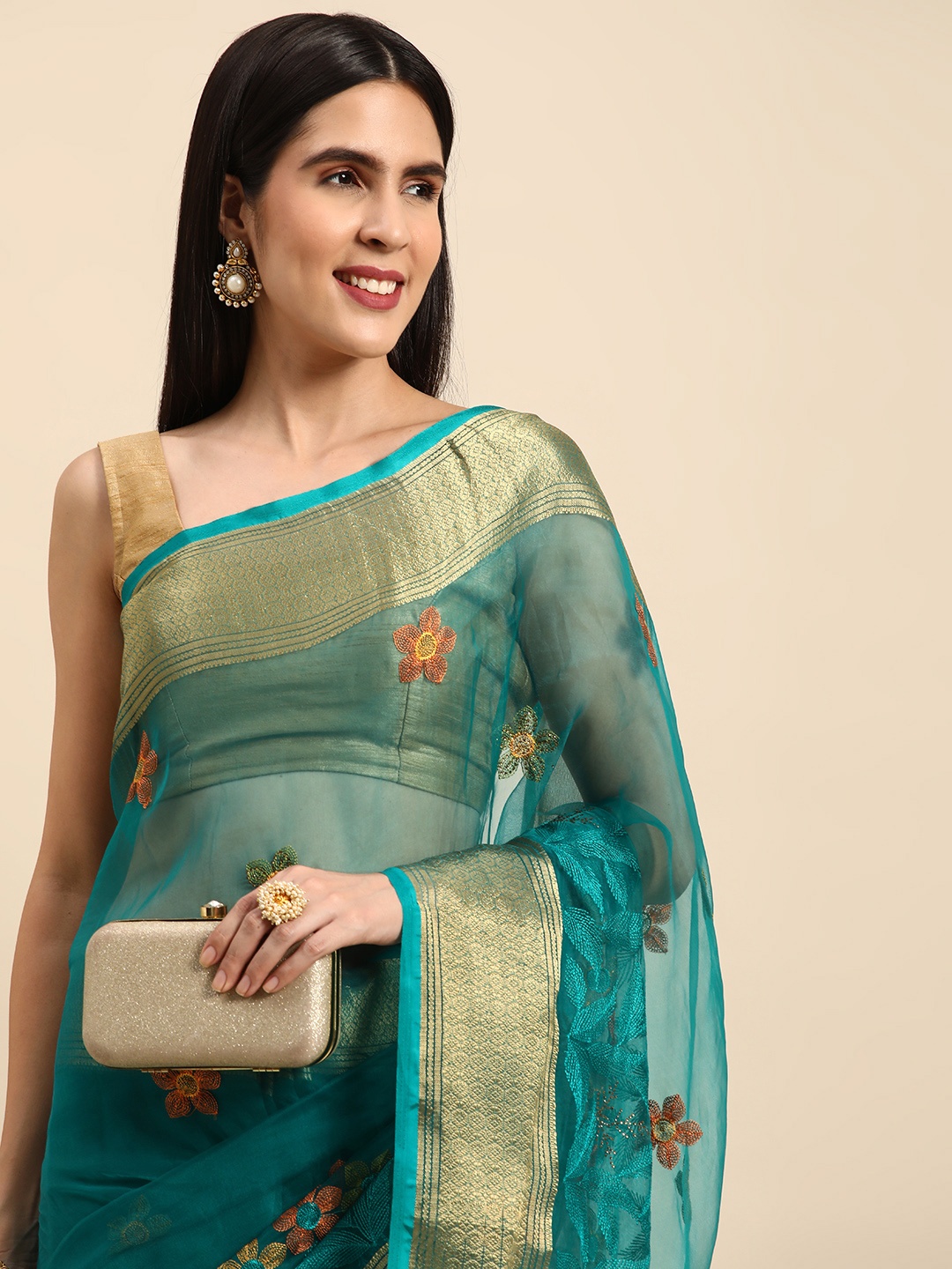 

Indian Women Ethnic Motifs Embroidered Organza Designer Saree, Turquoise blue