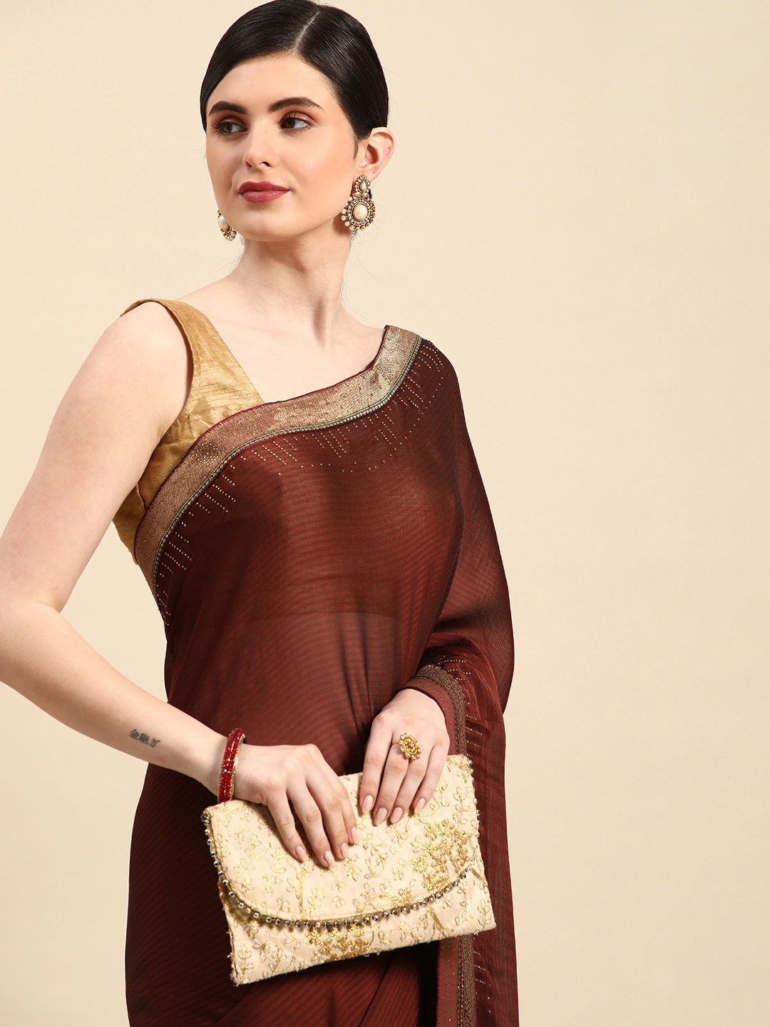 

Indian Women Gotta Patti Silk Blend Designer Saree, Brown