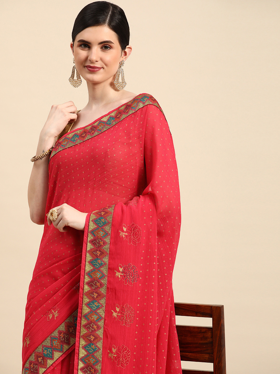 

Indian Women Ethnic Motifs Gotta Patti Silk Blend Designer Saree, Red