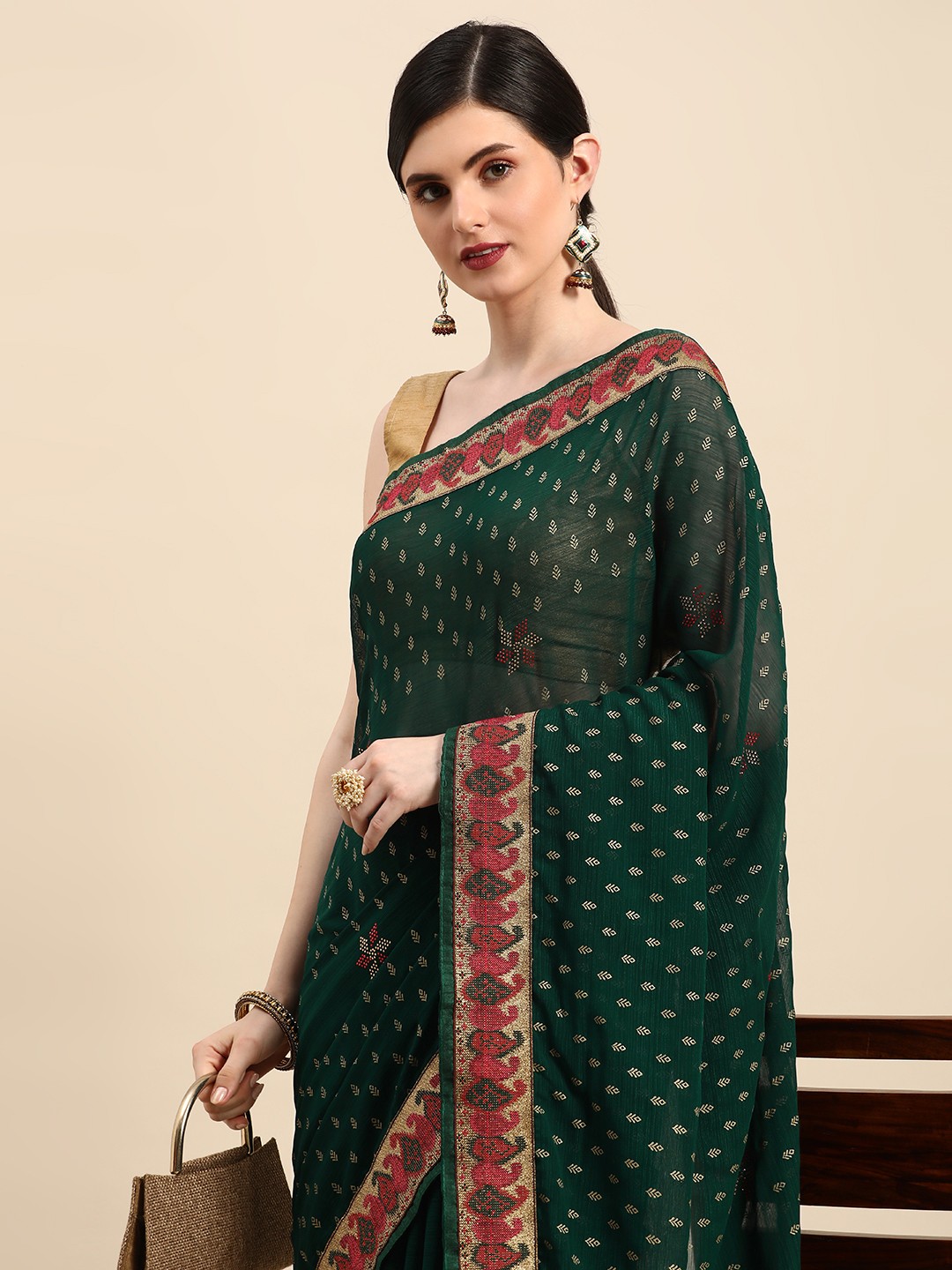 

Indian Women Silk Blend Printed Designer Saree, Green