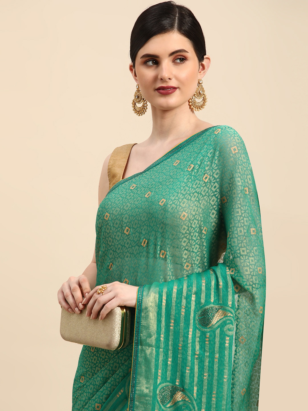 

Indian Women Ethnic Printed Brasso Designer Saree, Sea green