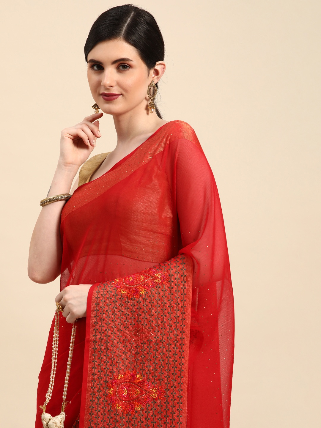 

Indian Women Ethnic Motifs Beads and Stones Designer Saree, Red