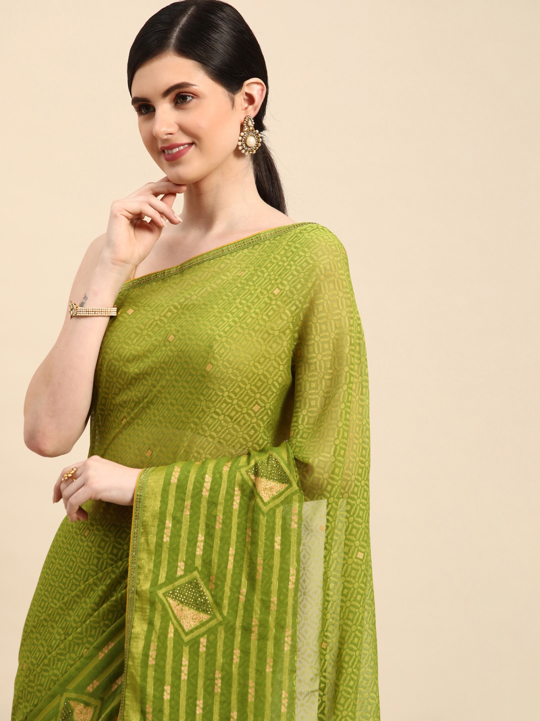 

Indian Women Striped Brasso Designer Saree, Green
