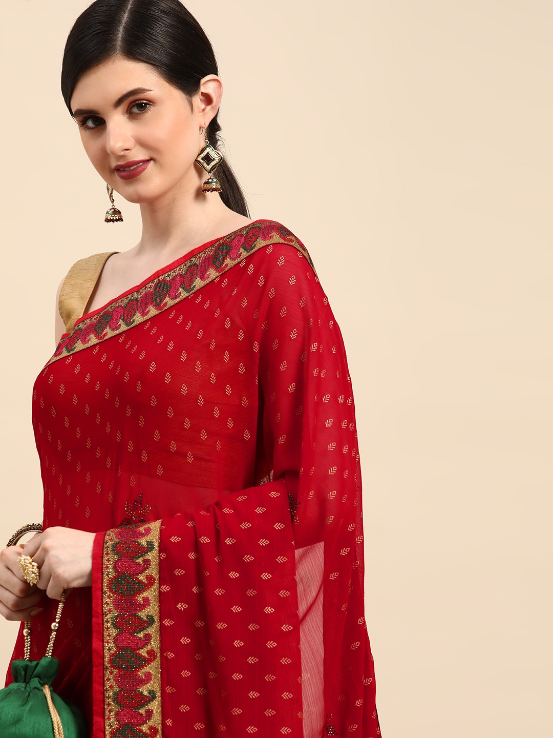 

Indian Women Paisley Printed Gotta Patti Detail Silk Blend Designer Saree, Red