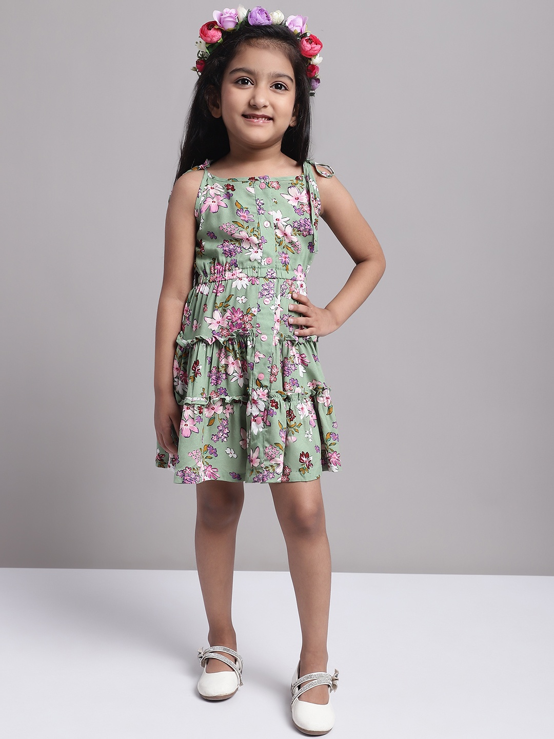 

Superminis Girls Floral Print Layered A-Line Dress, Green