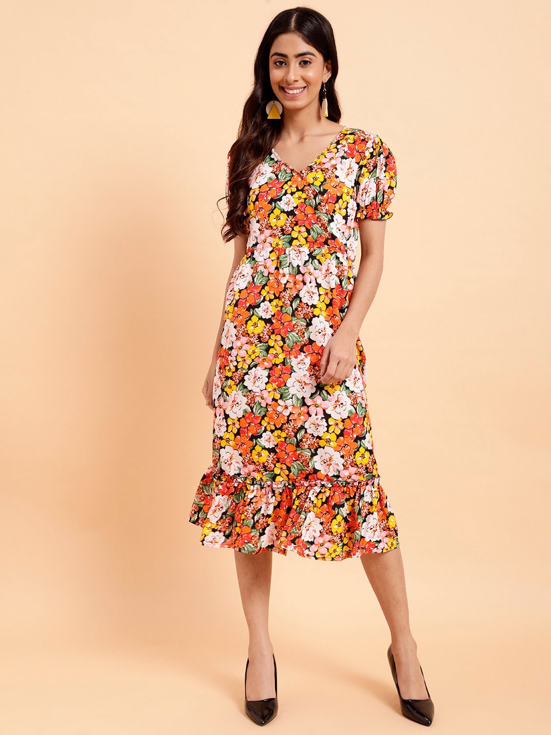 

MINT STREET Multicoloured Floral Print Puff Sleeve Crepe A-Line Midi Dress, Multi