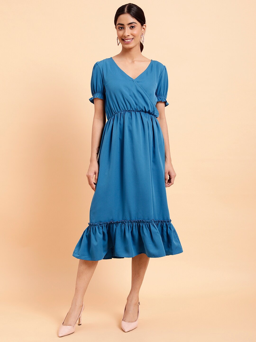 

MINT STREET V-Neck Crepe Fit & Flare Midi Dress, Teal