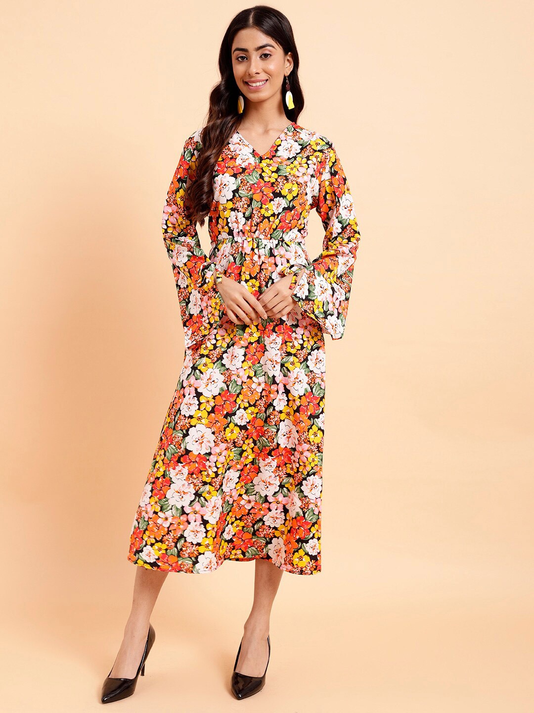 

MINT STREET V-Neck Floral Print Crepe Fit & Flare Midi Dress, Black