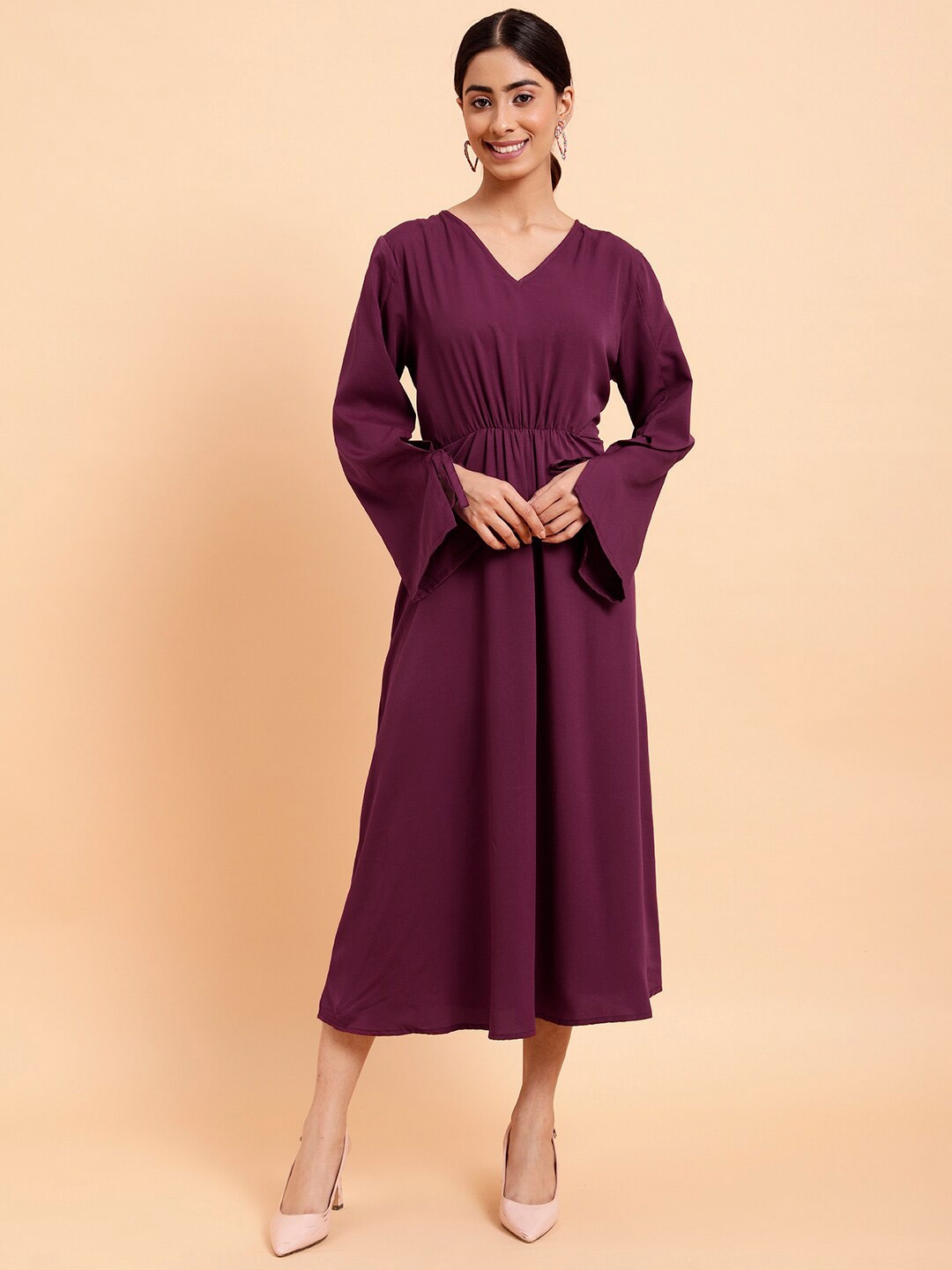 

MINT STREET V-Neck Flared Sleeve Crepe A-Line Maxi Dress, Burgundy
