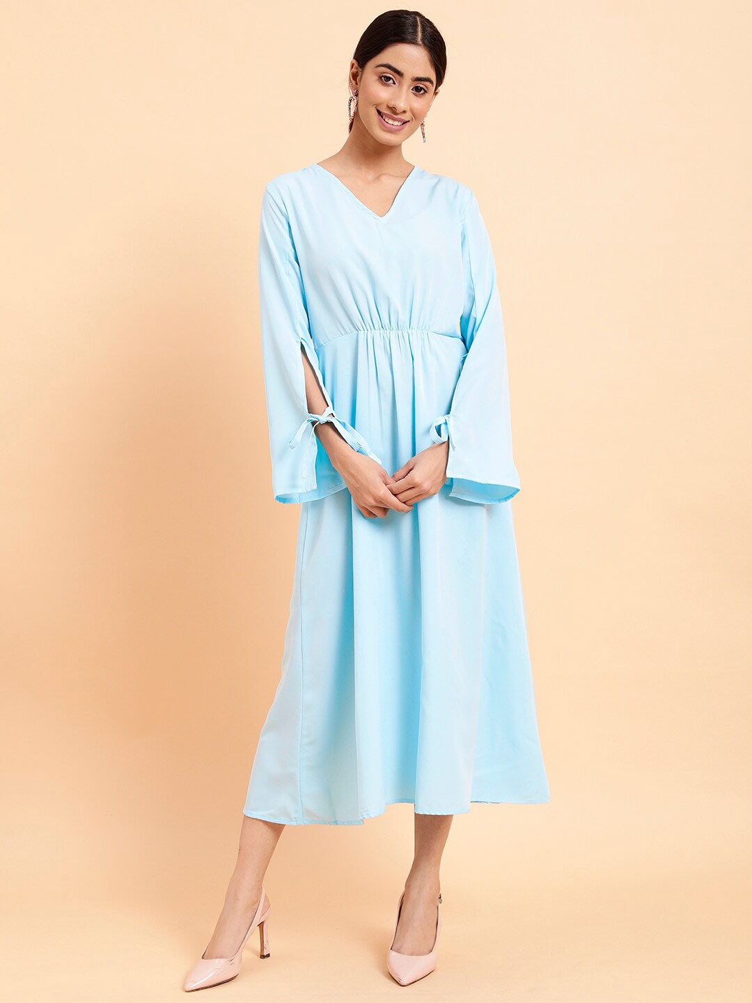 

MINT STREET V-Neck Bell Sleeve Crepe Fit & Flare Midi Dress, Turquoise blue