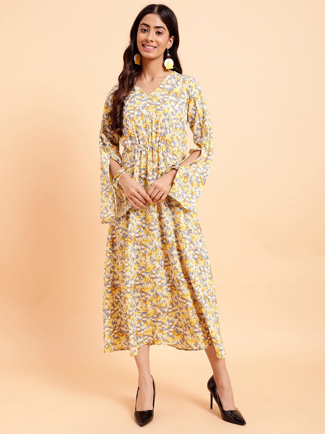 

MINT STREET V-Neck Floral Print Crepe A-Line Midi Dress, Yellow