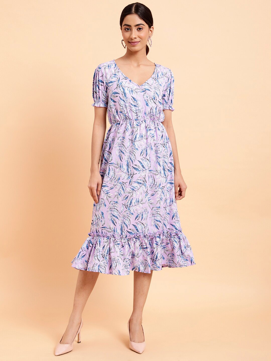 

MINT STREET V-Neck Floral Print Puff Sleeve Crepe Fit & Flare Midi Dress, Lavender